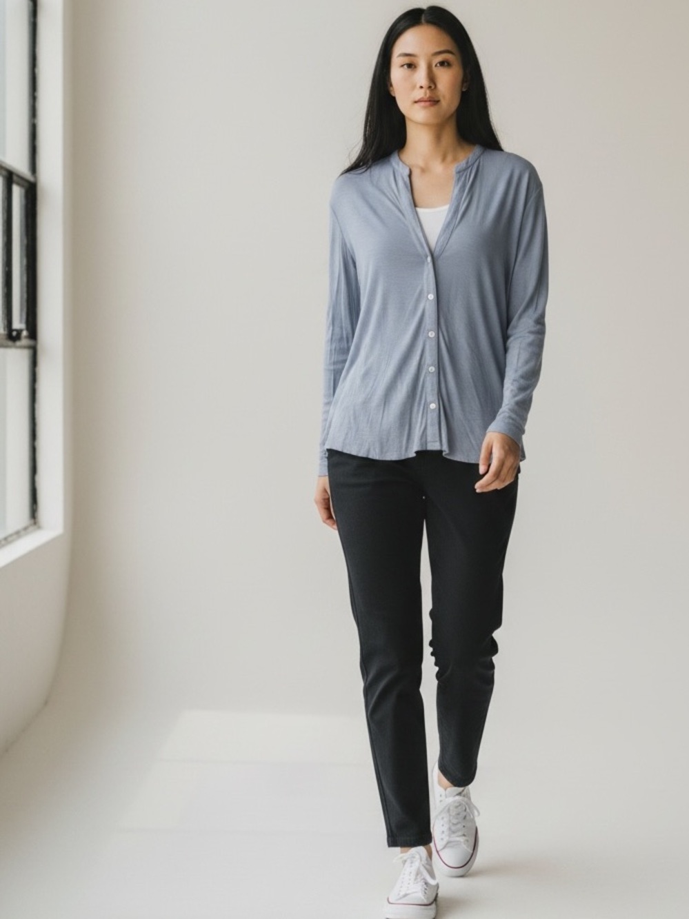 James Perse Slate Blue Button Front Split V-Neck Soft Lightweight Cotton Blouse